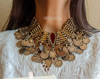 ハンドメイドのクチチョーカーネックレス：銀貨を使ったアフガニスタン