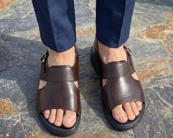 Men's Brown Leather Slip On Sandals, Handmade Casual Summer Footwear