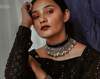 Afghan Choker Necklace with Silver Metal Heart Beads, Vintage Kuchi Choker Necklace, Kuchi Jewelry, Afghan Jewelry, CTS-01