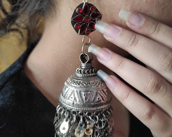 Vintage Afghan Jhumka Earrings: Pink Glass, Boho Tribal Jewelry