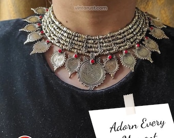 Handmade Gold Tone Coin Choker and Earrings: Vintage Tribal Jewelry Set