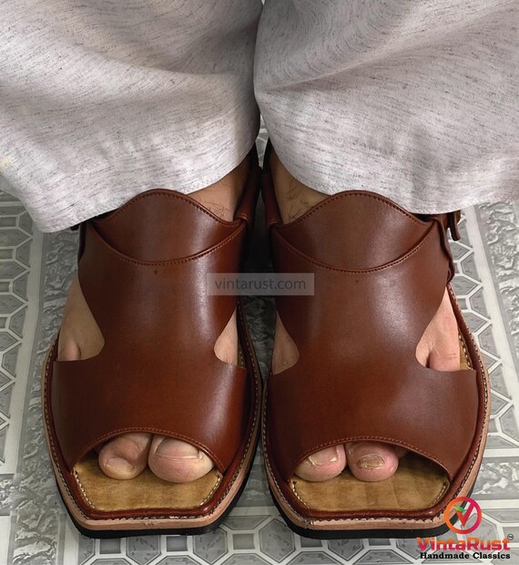 Brown Leather Sandals, Unique Style Handmade Peshawari Chappal Amazon.com | Handmade Shoes, Traditional Men main image 3