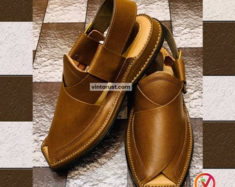 Sandalias Peshawari Chappal de cuero hechas a mano: Zapatos formales clásicos de color marrón