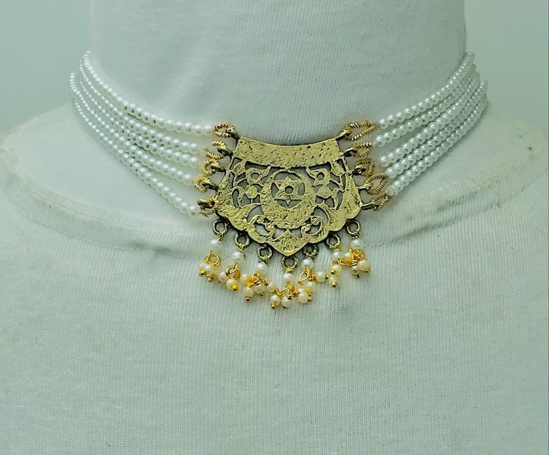 Pearls Beaded Chain Necklace With Big Golden Metal Motif, Handmade