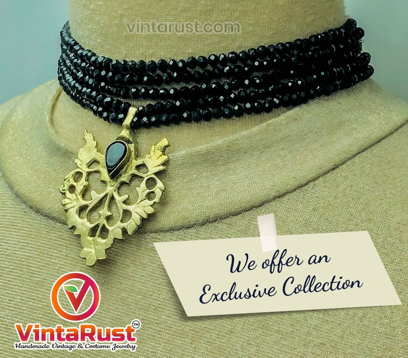 Black Jewelry Set, Black Beads With Motif Jewelry Set, Dangling Motif Choker Necklace With Studs Earrings, Ethnic Jewelry Set, Handmade