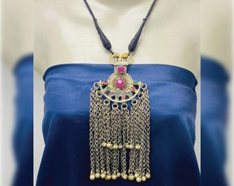 Vintage Kuchi Pendant Necklace: Handmade Long Bells Afghan Pendant