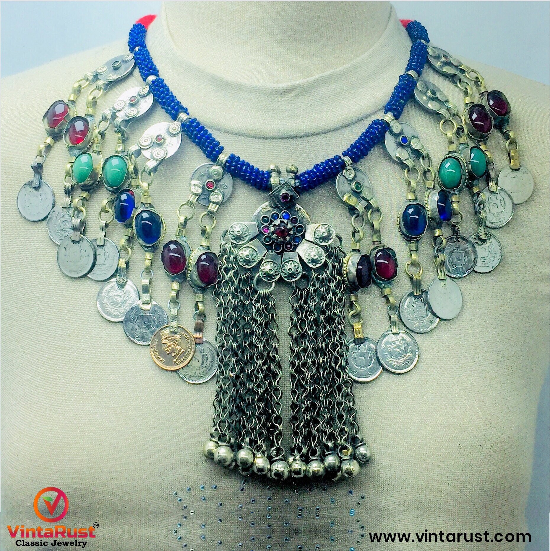 Beaded Coin Necklace: Afghan Tribal Boho Jewelry