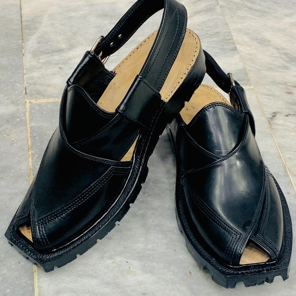 Traditional Black Peshawari Chappal, Handcrafted Leather Chappal, Black Sandals For Men, Footwear, Genuine Leather Shoes