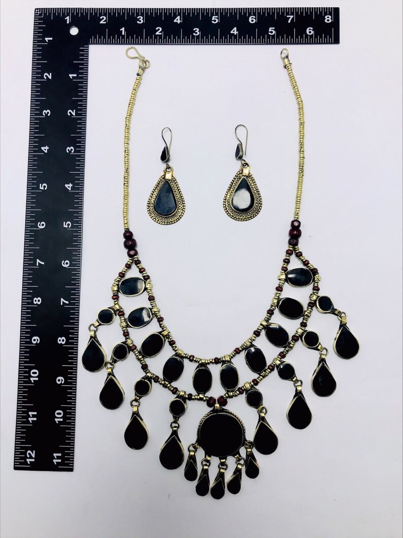 Tribal Black Stones Necklace With Earrings, Ethnic Handmade Jewelry Set, Afghan Jewelry Set, Gift For Her, Afghan Jewelry