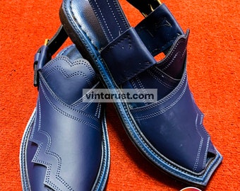 Blue Handmade Peshawar Chappal: Traditional Leather Sandals