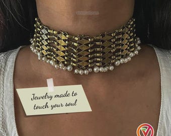 ゴールデンアフガンクチチョーカーネックレス：トライバルベルカラー