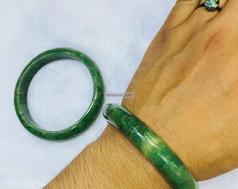 Natural Green Jade Stone Bangle Bracelet: Handmade Polished Gemstone Jewelry, Set of Two Bangles