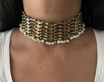Woven Pearl Afghan Choker, Handmade Afghan Choker Necklace, Old Boho Choker, Antique Necklace, Old Jewelry, Pearls Jewelry