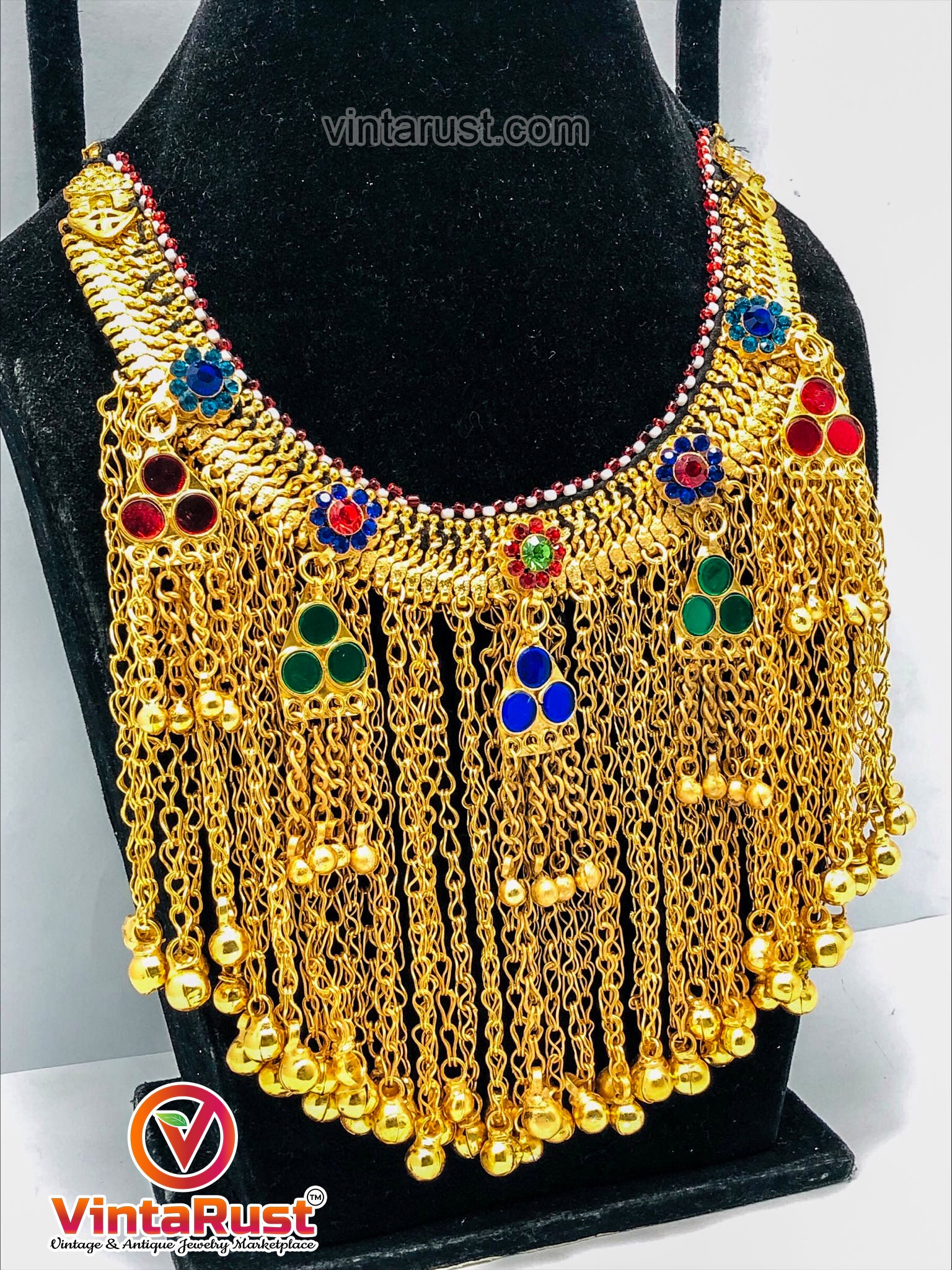 ゴールデンアフガンクチチョーカーネックレス：トライバルベルカラー