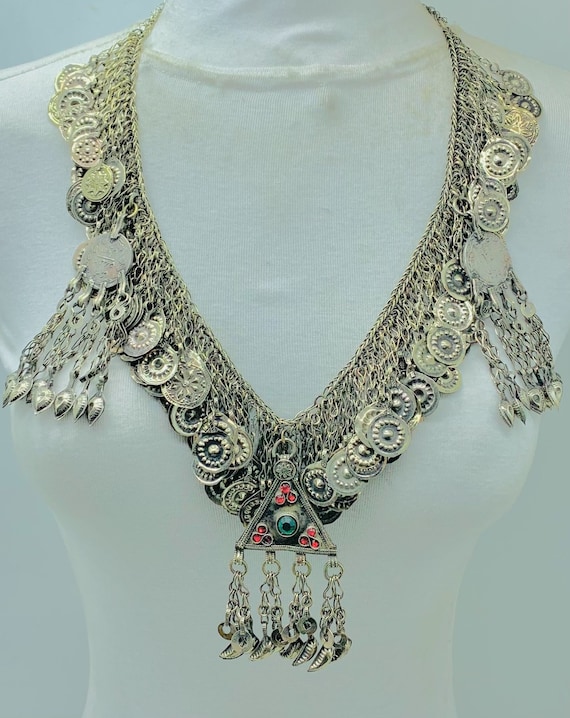 Tribal Kuchi Necklace, Silver Necklace With Dangl… - image 1