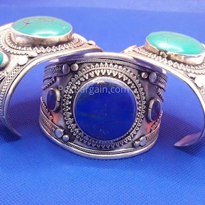 Boho Kuchi Cuff Bracelet: Tribal Afghan Silver Jewelry with Stones