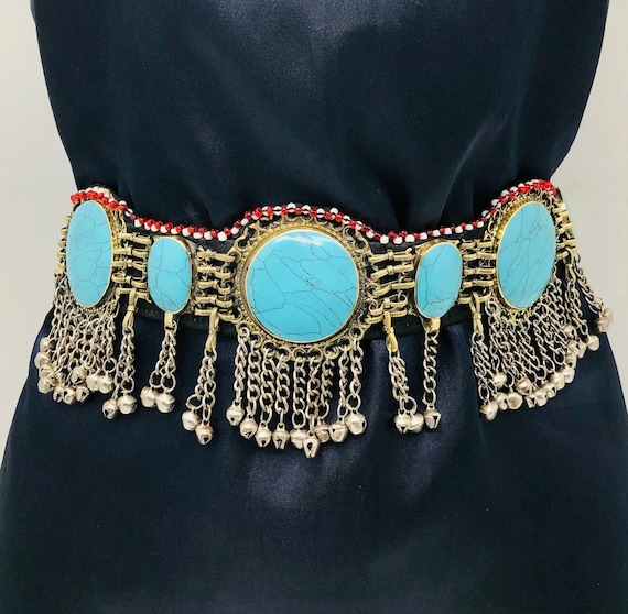 Handmade Kuchi Belt: Turquoise Stones, Bells, Boho Belly Dance Jewelry Amazon.com: Duel On Jewel Antique Kuchi Women main image 4