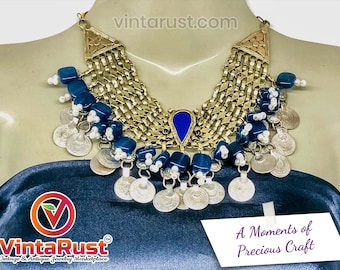 Vintage Afghan Coin Choker: Blue Stone Tribal Necklace