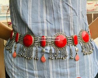 Coral Stone Belly Dance Belt, Afghan Stone Belts, Kuchi Dance Belt, Afghan Belts, Gemstone Jewelry