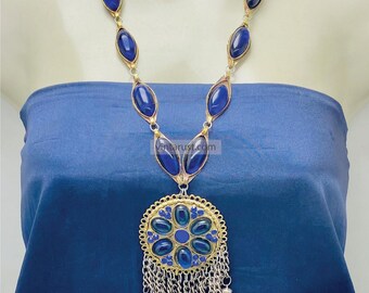 Handmade Blue Glass Stones Pendant Necklace: Kuchi Boho Jewelry