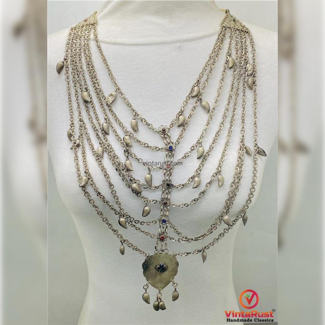 COOLSTEELANDBEYOND Collana Bavaglino Multistrato In Lega Con Zirconie Cubiche - Boemo Argento Nero, Lunghezza 43 Cm - 4
