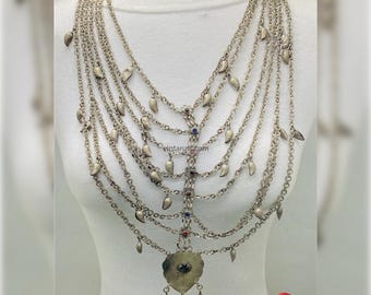 Multi-Layer Silver Tone Bib Necklace: Bohemian Belly Dance Chain Necklace