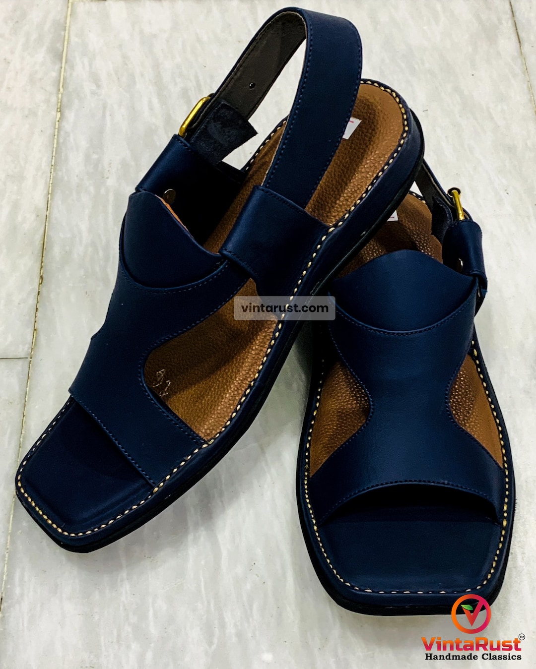 Blue Leather Sandals, Handmade Peshawari Chappal, Traditional Leather Blue Blue Leather Sandals, Handmade Peshawari Chappal  main image 2