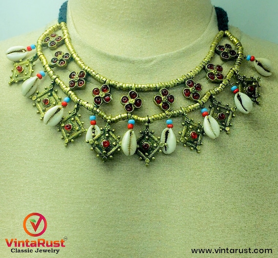 Collier Ras Du Cou Ethnique Vintage - Coquillages Et Bronze - Style Tribal Bohème - Excellent état