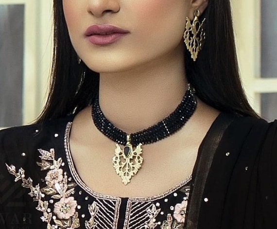 Black Beaded Choker Necklace & Earrings: Kuchi Tribal Jewelry Set