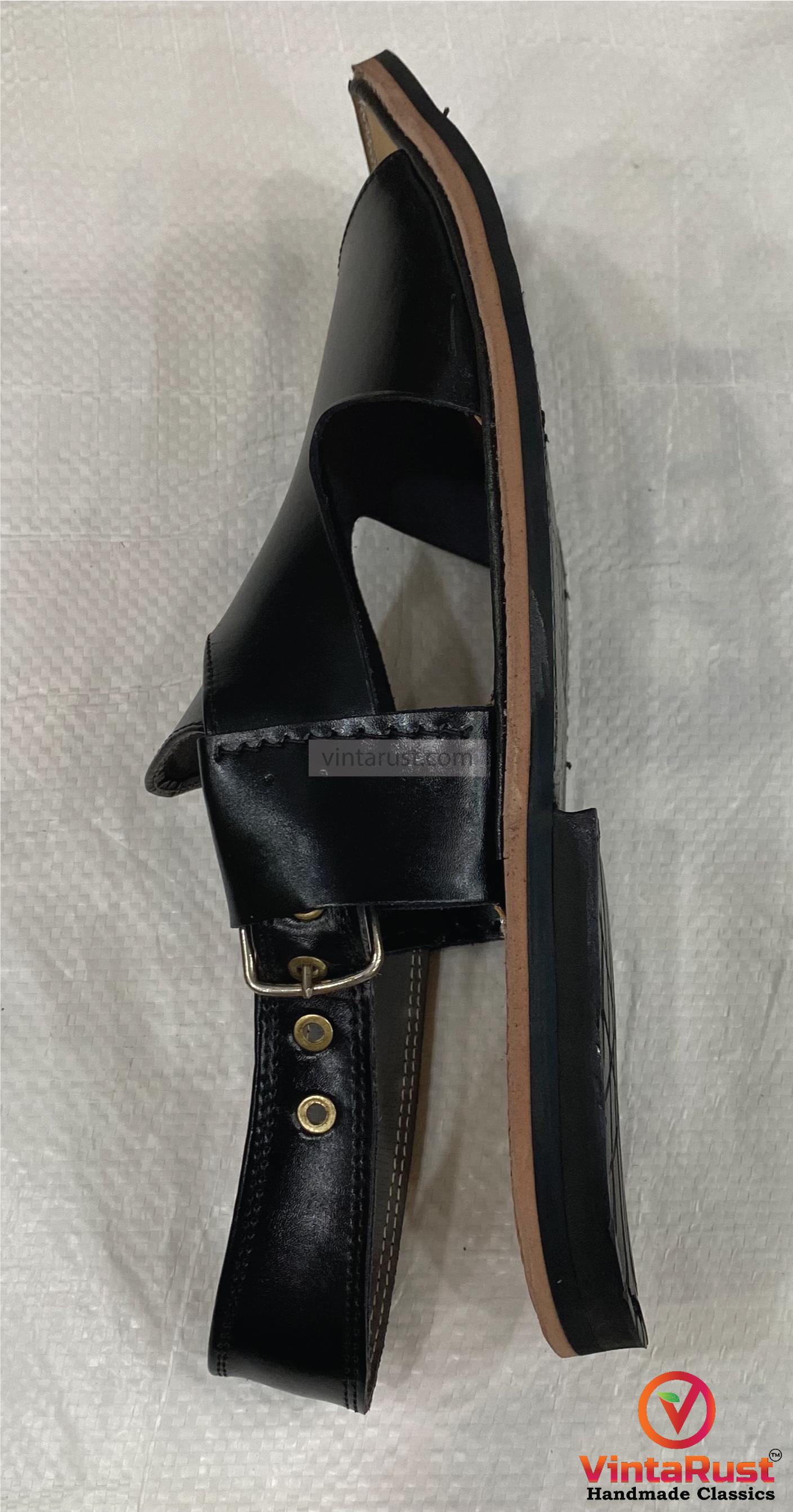 Men’s Black Leather Kaptaan Chappal: Ethnic Handmade Footwear Men Black Peshawari Chappal - Etsy main image 4