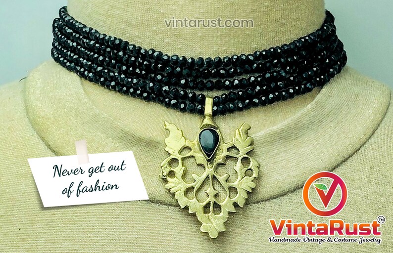 Black Jewelry Set, Black Beads With Motif Jewelry Set, Dangling Motif Choker Necklace With Studs Earrings, Ethnic Jewelry Set, Handmade