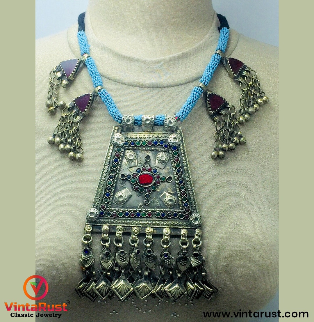 Vintage Afghan Pendant Necklace: Turquoise Beads, Enamel Tassels