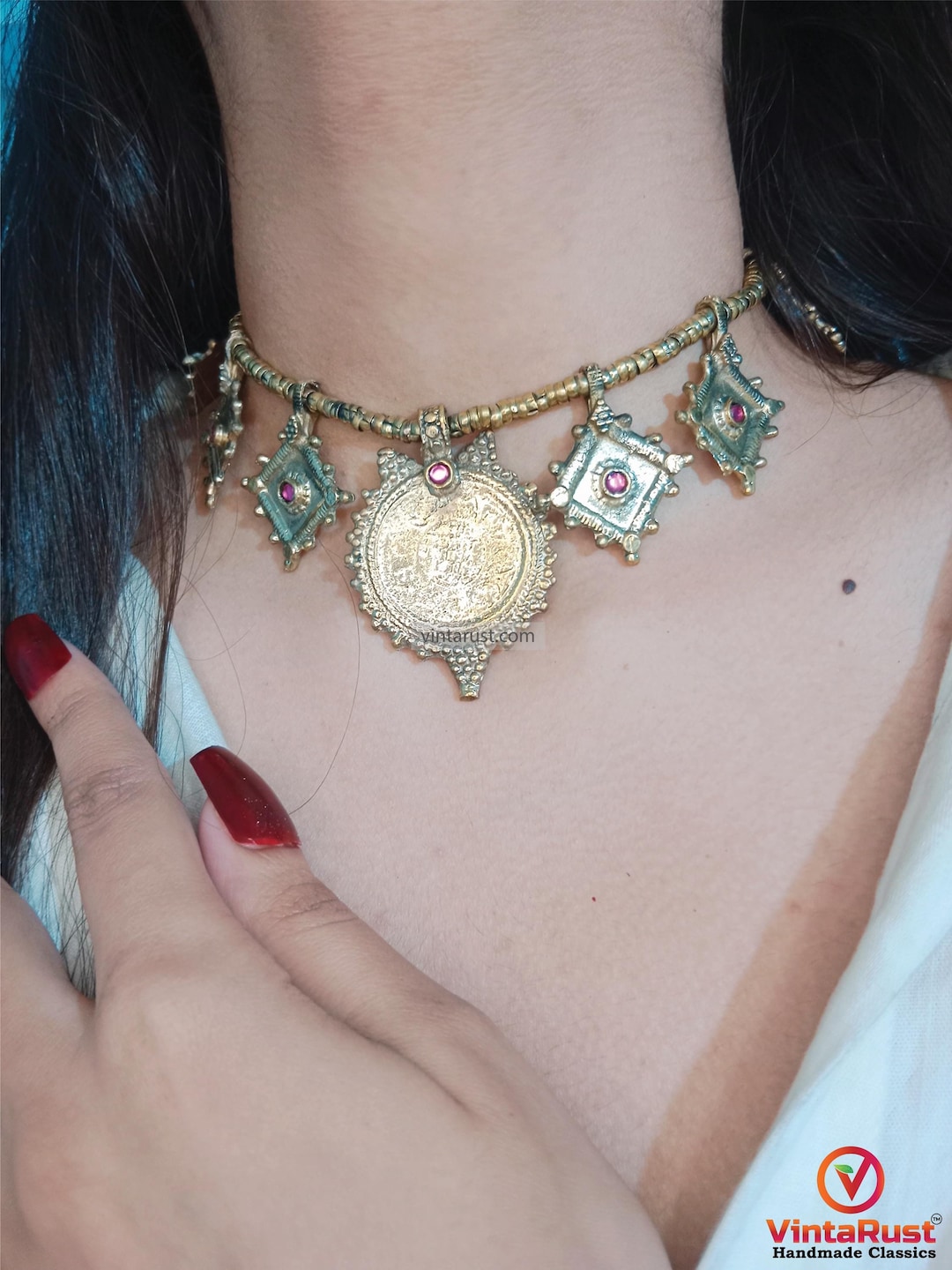 Antique Afghani Coin Choker Necklace with Earrings
