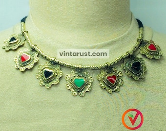 Tribal Necklace and Earrings Set: Antique Floral Jewelry with Multicolor Glass Stones