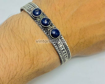 Handmade Lapis Lazuli Cuff Bracelet: Tibetan Boho Tribal Jewelry