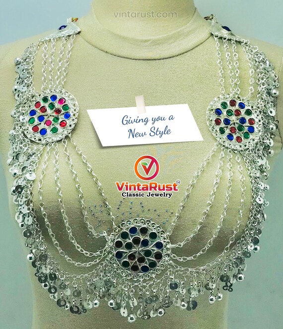 Multilayers Silver Bib Necklace With Dangling Tas… - image 1