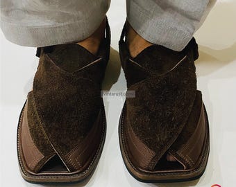 Handmade Dark Brown Suede Peshawari Chappals - Traditional Men's Sandals
