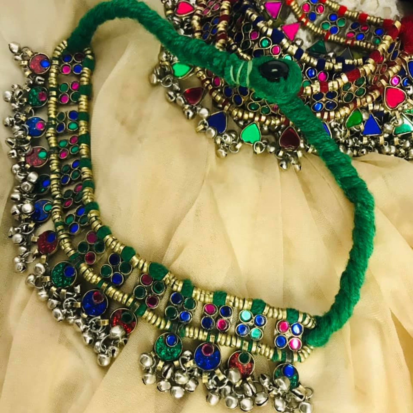 Green Choker Necklace Afghan Green Choker With Multicolor Etsy