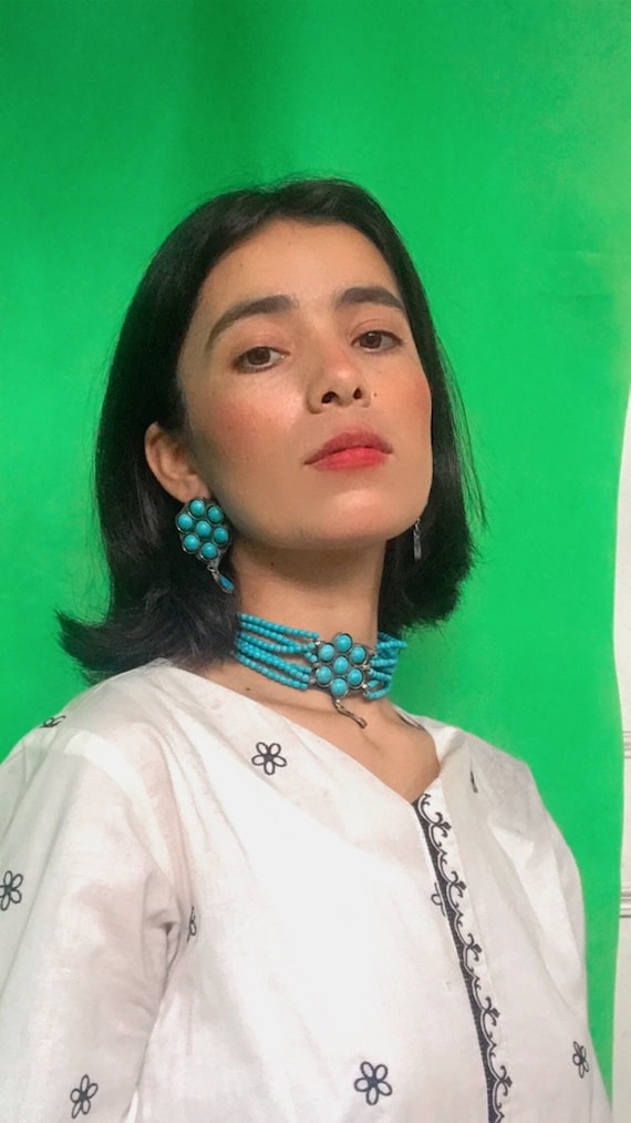 Vintage Turquoise Flower Choker Necklace and Earrings Set: Afghan Boho Jewelry
