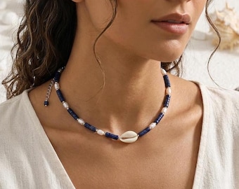 Blue Lapis Beaded Cowrie Shell Necklace: Minimalist Beach Jewelry