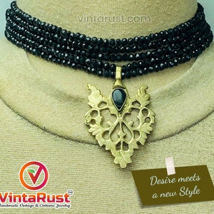 Black Jewelry Set, Black Beads With Motif Jewelry Set, Dangling Motif Choker Necklace With Studs Earrings, Ethnic Jewelry Set, Handmade