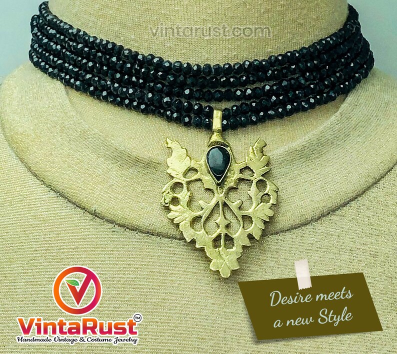 Black Jewelry Set, Black Beads With Motif Jewelry Set, Dangling Motif Choker Necklace With Studs Earrings, Ethnic Jewelry Set, Handmade