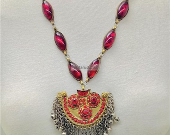 Kuchi Long Chain Red Pendant Necklace: Glass Stones Handmade Jewelry