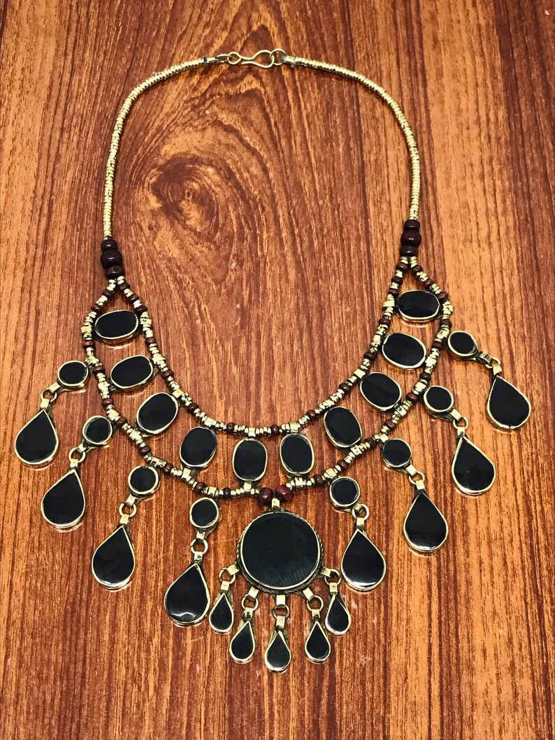 Tribal Black Stones Necklace With Earrings, Ethnic Handmade Jewelry Set, Afghan Jewelry Set, Gift For Her, Afghan Jewelry