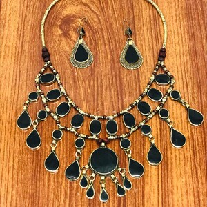 Tribal Black Stones Necklace With Earrings, Ethnic Handmade Jewelry Set, Afghan Jewelry Set, Gift For Her, Afghan Jewelry