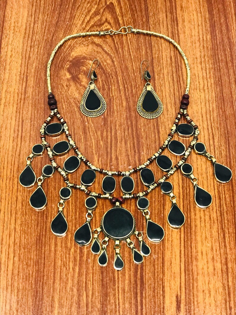 Tribal Black Stones Necklace With Earrings, Ethnic Handmade Jewelry Set, Afghan Jewelry Set, Gift For Her, Afghan Jewelry