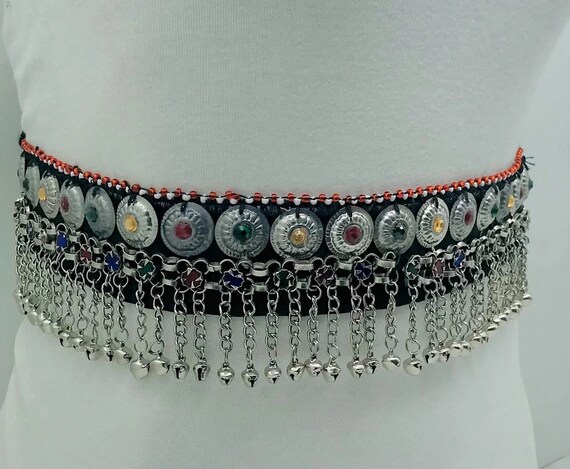 Handmade Kuchi Belly Dance Belt: Tribal Coins, Bells, Multicolor Stones Handmade Kuchi Belly Dance Belt: Tribal Fusion Festival Belt  main image 3