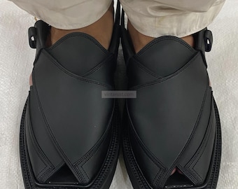 Handmade Black Leather Peshawari Chappal Sandals: Gents Footwear