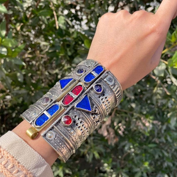 Afghan Multi Stone German Silver Panja Four Ring Bracelet - Wholesale Kuchi  Jewels