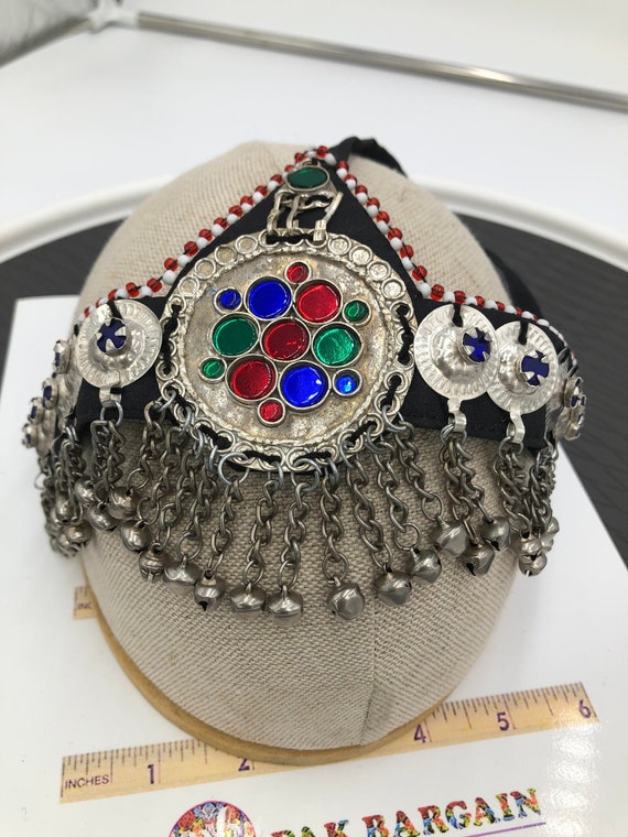 Afghan Vintage Multicolor Glass Stones teeka, Massive teeka With Dangling Bells Afghan Jhumkas - Etsy main image 4